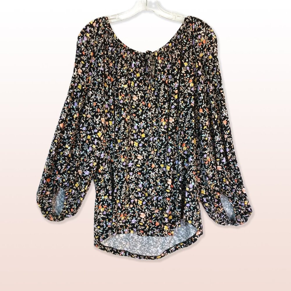 Lauren Peasant Blouse Black w/Pastel Floral Print Balloon Long Sleeves XL